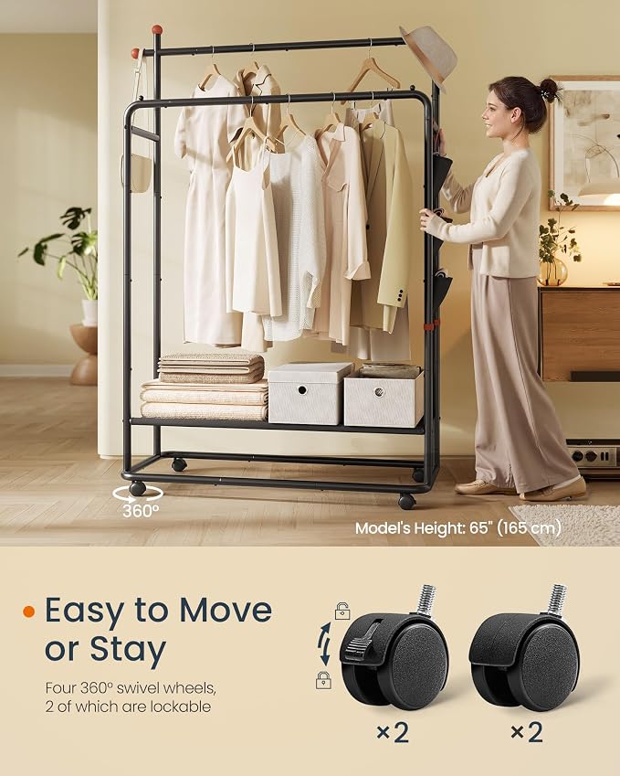 SONGMICS HOME Double-Rod Clothes Rack, Clothing Rack on Wheels, Portable Garment Rack, with 2 Clothes Hanging Rails, Fabric Shelf and Storage Bag, Matchstick-Shaped Hooks, Ink Black UHSR171B01