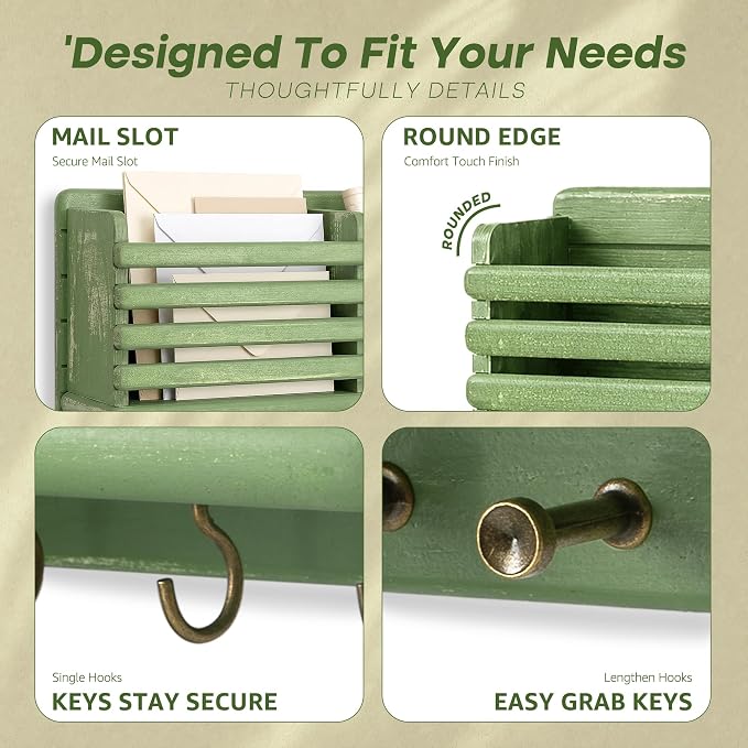 Rebee Vision Key Holder Wall Mount with 8 Key Hooks for Hoom Decor, Green | Key Holder for Wall, Mail Slot, Letter Storage, Mail Organizer, Key Hanger, Umbrellas, Floating Shelf, Home Organization
