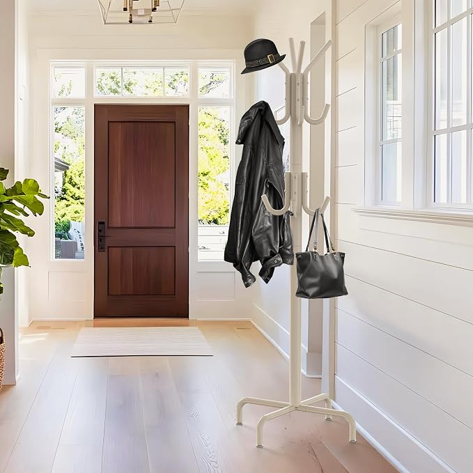 Simple Houseware Standing Coat/Hat Hanger Organizer Rack, 12 Hooks, White | For Entryway, Bedroom, and Hallway