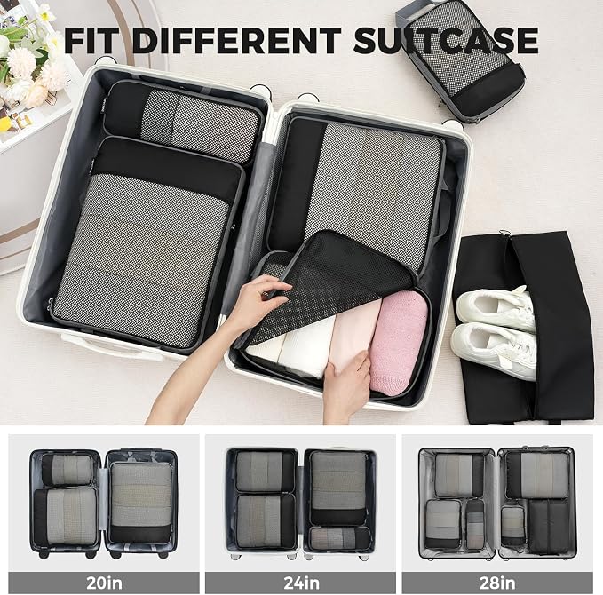BAGAIL 4 Set/6 Set/8 Set Compression Packing Cubes Travel Accessories Expandable Packing Organizers (Half Mesh, 6-Black)