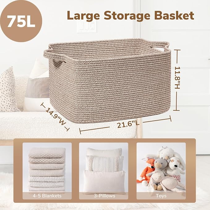 Goodpick Large Woven Storage Basket, Rectangle Organizer, Brown | 21.6 x 14.9 x 11.8 in, Cotton Rope, Living Room, Bedroom & Nursery Organization, Blankets, Toys & Clothes Storage