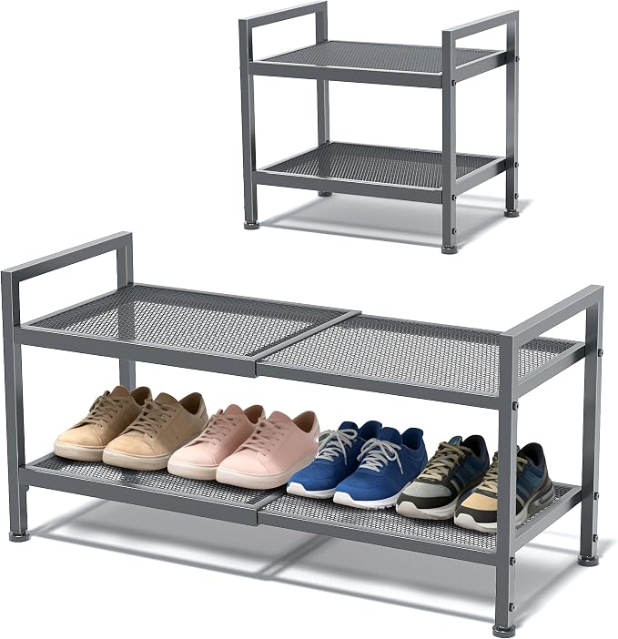 Shoe Rack, Expandable Shoe Rack for Closet, Adjustable Shoe Organizer for Entryway, Shoe Storage Organizer for Door Entrance, Garage, Bedroom (Grey, 2-Tier)