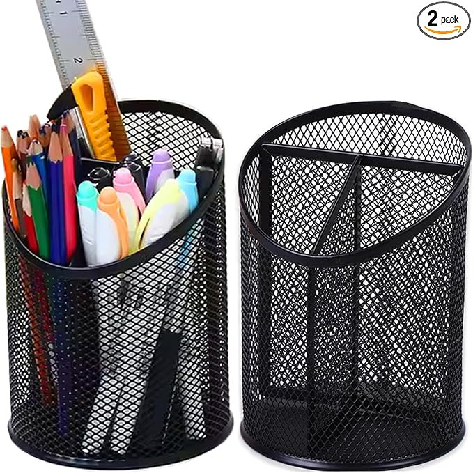 MINDEPOT 2 Pack Pencil Holder Pen Cup for Desk Round Pen Organizer | Mesh Black Pen Holder, Duty Metal, 3 Compartments, Desk Organizer for Home School
