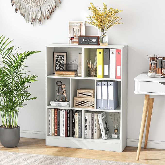 Giantex 7 Cube Bookcase, 4-Tier Freestanding Bookshelf w/ 7 Open Compartments, 2 Anti-Tipping Kits, Modern Display Cabinet, 41" Wood Cubby Storage Organizer for Living Room, Bedroom, White