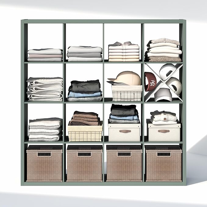 Furinno Cubic Extra Thick 16-Cube Closet Organizers and Storage, Sage Green | 14.6 x 58 x 58 in, Open Shelf Closet Storage, Closet Organizer, for Wardrobe, Bedroom, Living Room
