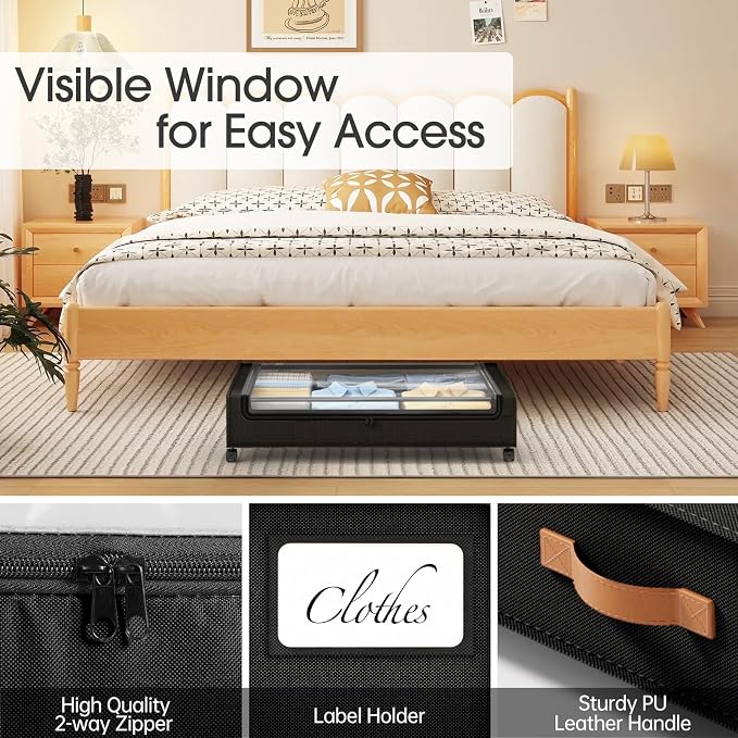 Yecaye 4 Pack Under Bed Storage with Wheels, Under Bed Storage Containers with Lids, Large Under Bed Rolling Storage with Clear Window & Label, Rolling Drawers for Clothes, Blankets, Books