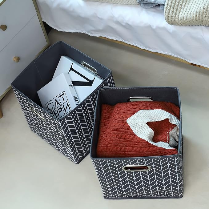 11 Inch Cube Storage Bins , Fabric Cube Organizer Bins with Handle, Foldable Cube Bins for Cloth or Accessary Storage, 11x11x11 Set of 3 (Gray Wave)
