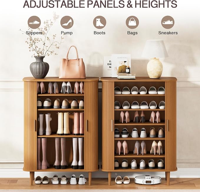 DHH Shoe Storage Cabinet with Sliding Door, 6-Tier Shoe Cabinet with Adjustable Shelves, Mid-Century Modern Freestanding Shoe Storage Organizer for Entryway, Hallway, Living Room (Yellow,31.5 ")