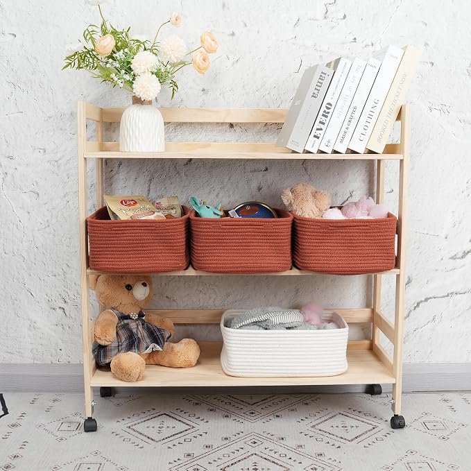 XUANGUO Small Woven Storage Baskets for Shelves, 13" x 9" x 5", Rustic | Decorative rope storage bins for closets and toy storage; cute organizer baskets, empty gift baskets and nursery storage.