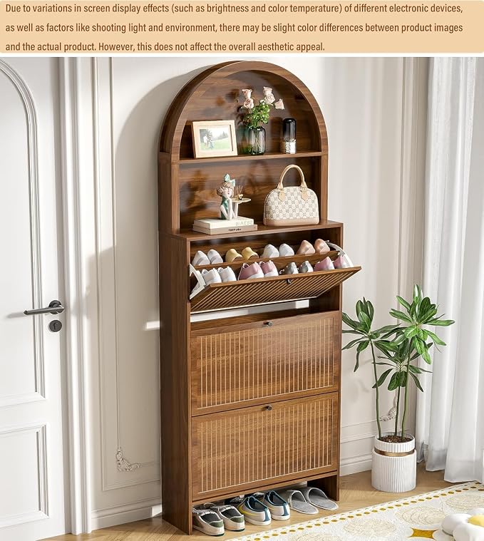 78.7'' Tall Shoe Storage Cabinet for Entryway with 3 Flip Drawers | Arched Design,Hidden Slim Shoe Organizer,Open Storage Shelf, Freestanding Shoe Rack,Large Tabletop Space,Hallway,Walnut