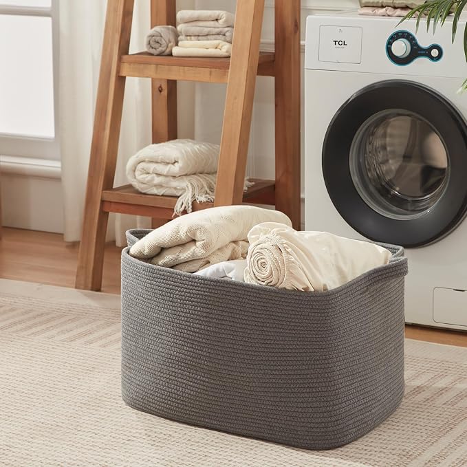 OIASKET 118L Extra Large Blanket Basket, 24.8" x 17.7" x 17.2" Woven Storage Basket for Living Room, Rectangle Nursery Blanket Storage for Toys, Towels, Dirty Clothes (Grey)