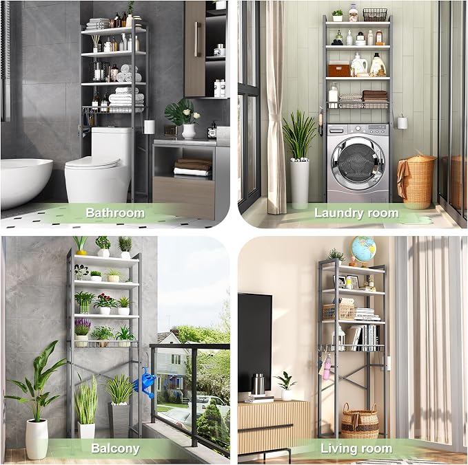 Kalrin Over-The-Toilet Storage Rack, 4-Tier Bathroom Organizer Shelf Over Toilet with Adjustable Shelf and Basket, Freestanding Space Saver Bathroom Shelves Above Toilet for Room (Gray- White)