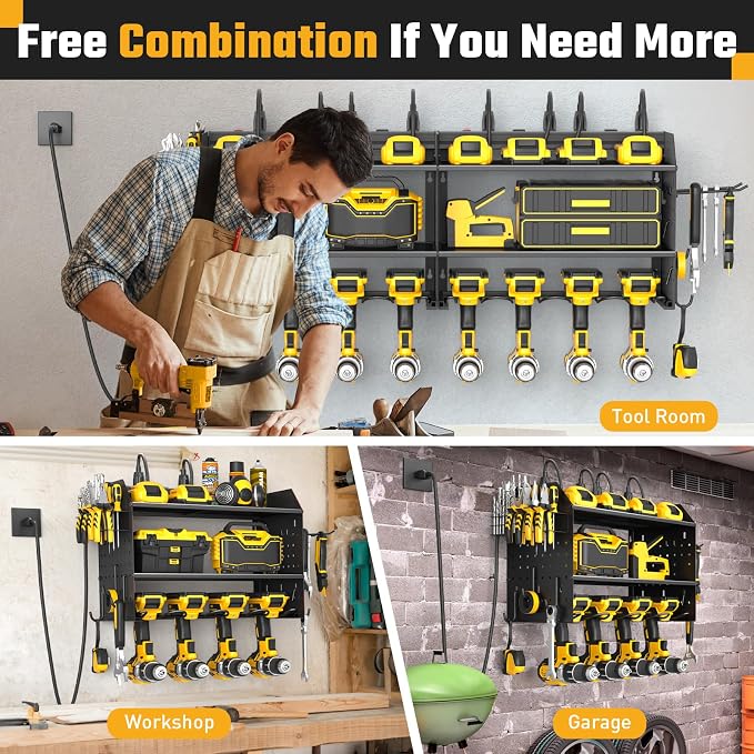 Power Tool Organizer Wall Mount 3 Layer Charging Station with 6 Outlets | Heavy Duty Tool Holder Storage Shelf Rack for Garage, Workbench and Workshop, Black, 4 Drill Holders and Drill Bit Rack,Black