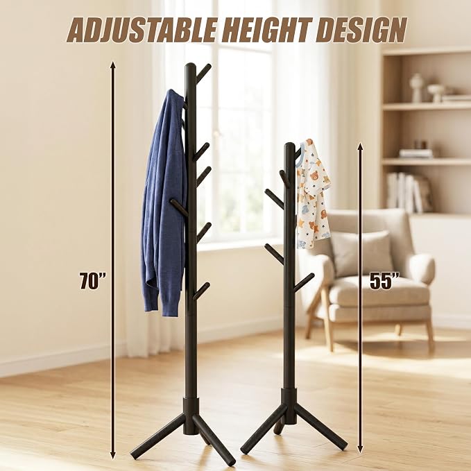 Simple Houseware Wooden Coat Rack Stand, Hall Tree with 9 Hooks, Black | Adjustable Tree Rack for Entryway, Hallway, Bedroom, Office