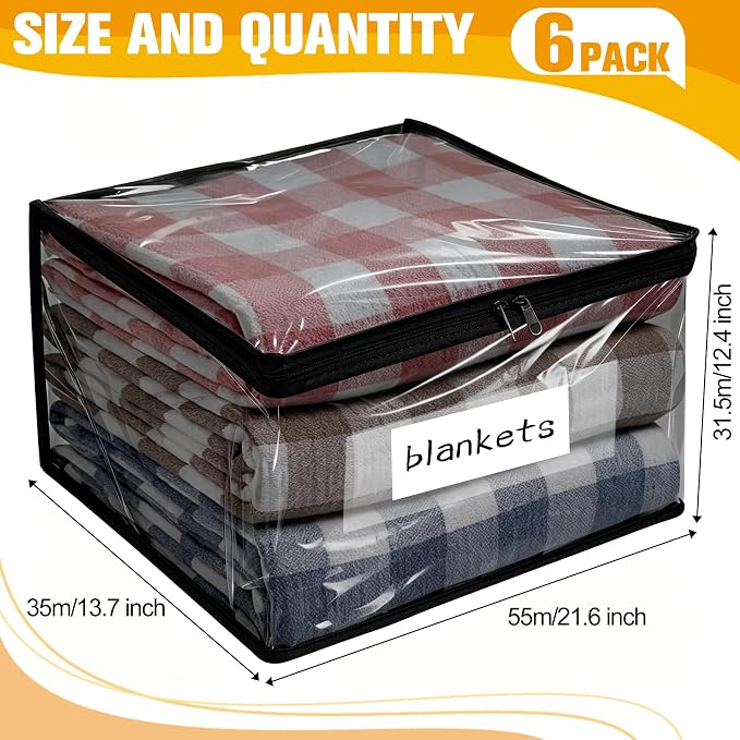 Kikerike Plastic Storage Bags with Easy-Glide Zipper, Pack of 6, Durable Clear Vinyl Zippered Storage Bags for Clothes Sweaters Comforters Blankets Sheets Bedding (21.6 x 13.7 x 12.4 Inch, Black)