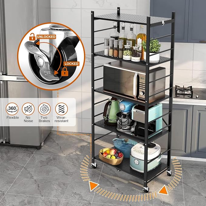 Himix Storage Shelves with 20 Hooks, 5-Tier Collapsible Organization Storage Rack Bookshelf Folding Pantry Shelves Cube Shelf Wire Shelving Holds 440 Ibs for Garage Kitchen Room, Black