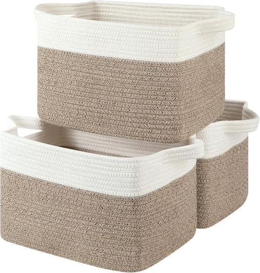 OIASKET Storage Basket for Organizing, Woven Baskets for Storage, Rectangle Decorative Baskets for Shleves, Closet, Toys, Books, Nursery Organizer Bins - Pack of 3 (Brown & White, 13"x9.85"x8.7")