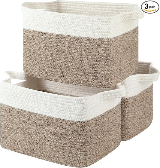 OIASKET Storage Baskets for Organizing, Woven Baskets for Shelves, Rectangle Decorative Organizer for Storage Clothes, Toy, Books, Towels Nursery Bins 3 Pack (Brown & White, 13"x9.85"x8.7")