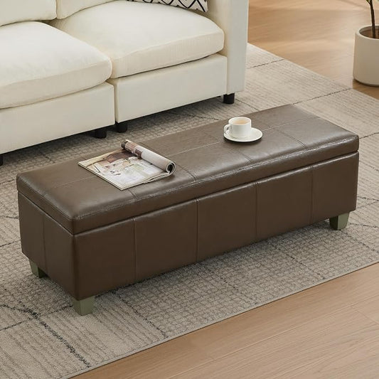 WUTUTUEE 51" Faux Leather Storage Ottoman, Stitch Tufted Rectangle Upholstered End of Bed Storage Bench, Entryway Large Couch Ottoman with Wooden Legs, Coffee
