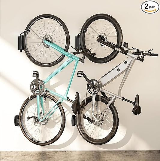 Bike Wall Mount for Garage, Holds 77lbs,Swivel Indoor Bike Storage, 2 Pack | Adjustable 65° angle for space-saving storage. Fits most bikes with tires under 3.15"H/3.5"W. Ideal for garage & entryway.