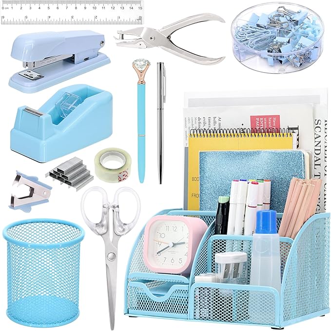 13-in-1 Office Desk Organizer Set with Stapler and Tape Dispenser, Pen Holder, Scissors, Ruler, Hole Punch, 2 Pens & More Desktop Accessories for Back to School Supplies (Blue)
