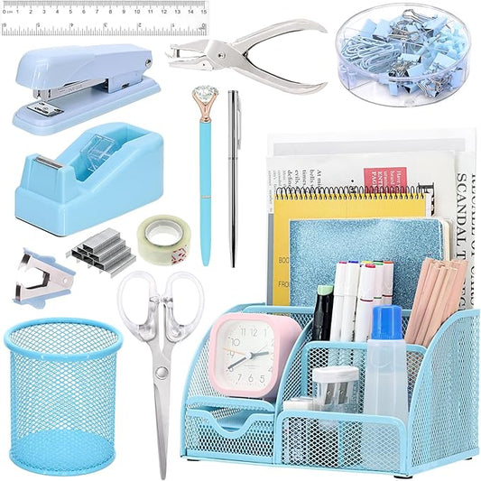 13-in-1 Office Desk Organizer Set with Stapler and Tape Dispenser, Pen Holder, Scissors, Ruler, Hole Punch, 2 Pens & More Desktop Accessories for Back to School Supplies (Blue)