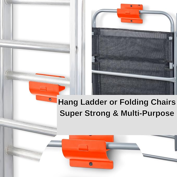 Ladder Hangers for Garage Wall Set of 2 - Orange Hooks for Shed & Garden | Heavy duty hooks, Step stool hanger, tool holder for the workshop, suitable for ladders, wheelbarrows and folding chairs