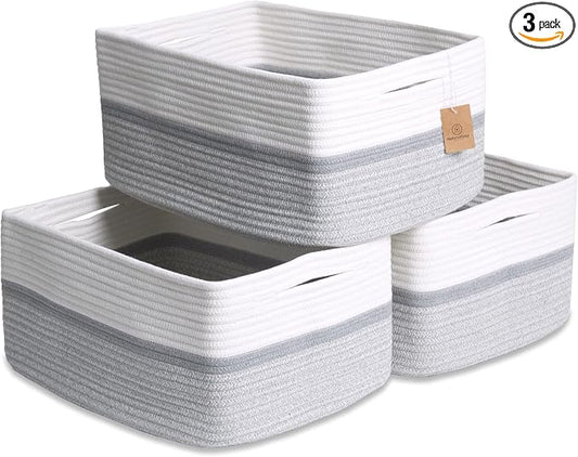 NaturalCozy Storage Baskets 16.8”x13”x7.6” Cotton Rope Woven Baskets for Organizing 3-Pack | Toy Storage Bins | Basket for Shelves, Laundry, Blanket, Clothes, Closet, Kitchen, Bathroom, Gifts
