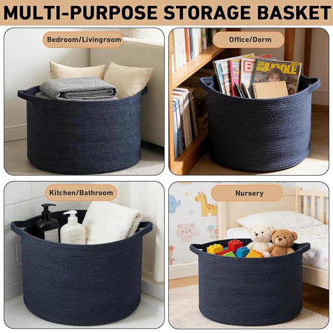 115L Extra Large Woven Cotton Rope Laundry Basket-Navy Blue | Collapsible, reinforced handles, nursery storage bin organizes clothes, toys and pillows for living room, bedroom bathroom
