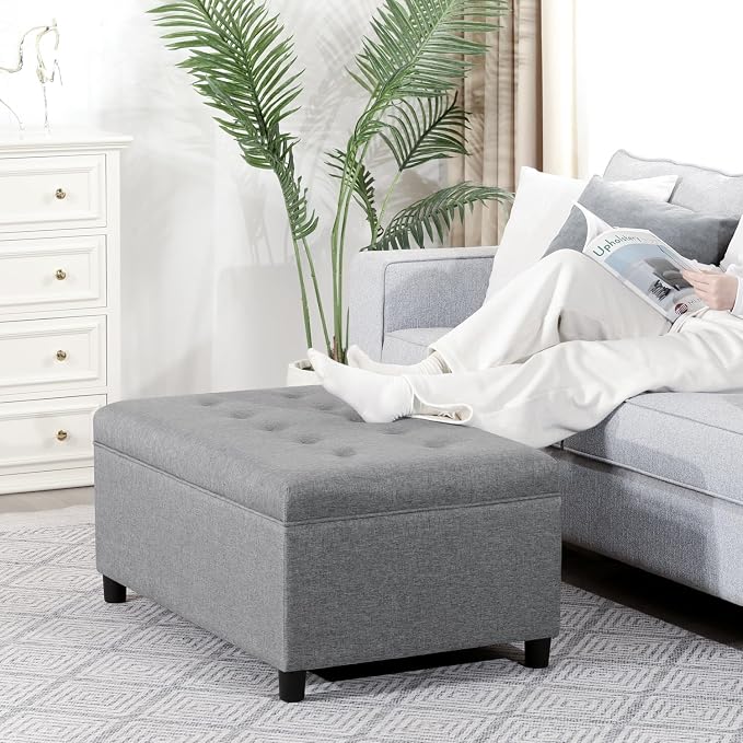 Joveco Rectangular Lift Top Storage Ottoman Bench,Linen Storage Bench for Living Room Entryway Bedroom,Linen Gray