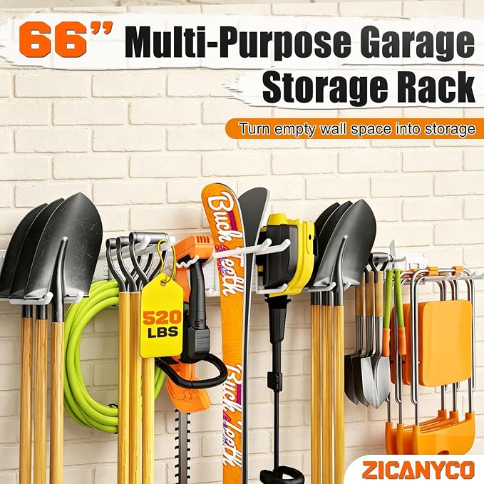 Garage Tool Organizer Wall Mount 99 inches with 18 Adjustable Heavy-Duty Hooks, Garage Organization, Garden Tool Storage Rack for Garage,Yard,Shed,Holds Up to 750 lbs,White