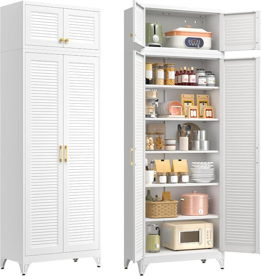 Polup 90" Tall Metal Kitchen Pantry Storage Cabinet with Doors and Shelves | Heavy-Duty White Cabinet, 5 Adjustable Shelving, Gold Handles, Louvered Doors, for Dining Living Room, Bathroom & Garage