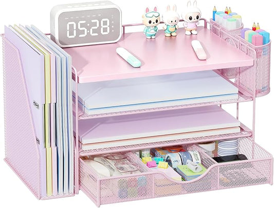 gianotter Wood Desk Organizers and Accessories with File Holder, 4-Tier Desk Accessories & Workspace Organizers with Drawer and 2 Pen Holder, Desk Reference Organizer (Pink, 4T with Metal Drawer)