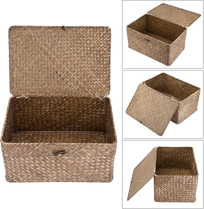 Hipiwe Wicker Shelf Baskets Bin with Lid Large Handwoven Basket Box, Coffee | Natural Seagrass Storage Baskets, Rectangular Household Basket Boxes for Shelf Wardrobe Home Organizer