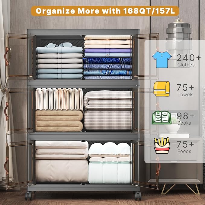 Stackable Storage Bins with Lids, 504QT Closet Organizers and Storage Cabinet with Doors & Wheels, Lockable Plastic Foldable Drawers for Bedroom Dorm Office Garage（168QT*3,Black）