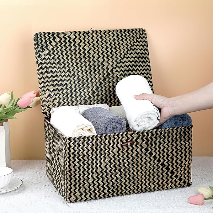 Hipiwe Wicker Shelf Baskets Bin with Lid, Handwoven Seagrass Basket Storage Bins Rectangular Household Basket Boxes for Shelf Wardrobe Home Organizer, Black,X-Large