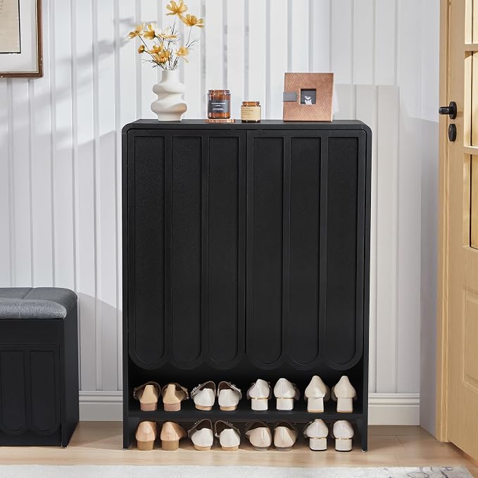 Shoe Storage Cabinet with Scalloped Doors, 5-Tier Wooden Shoe Cabinet with Adjustable Shelves, Shoes Rack Storage Organizer for Entryway, Hallway, Living Room, Black