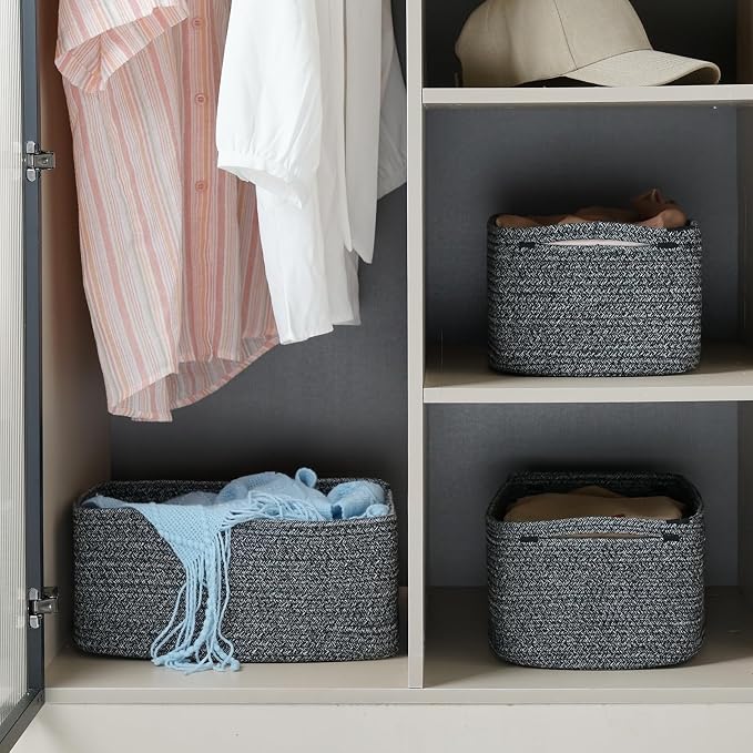 3-Pack Storage Baskets for Organizing | Woven Shelf Toy Basket | Rope Baskets for Gifts Empty | Closet Organizer Bins with Handles | Cube Decorative Box | 13.7×7.1×6.7” | Mixed Black