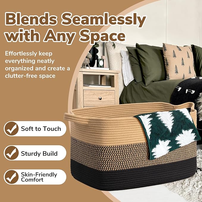 Goodpick Wicker Blanket Basket, Rectangle Storage Organizer, Black Jute | 21.6 x 14.9 x 11.8 in, Reinforced Handles, Living Room, Bedroom & Nursery Organization, Blankets, Clothes & Toys Storage