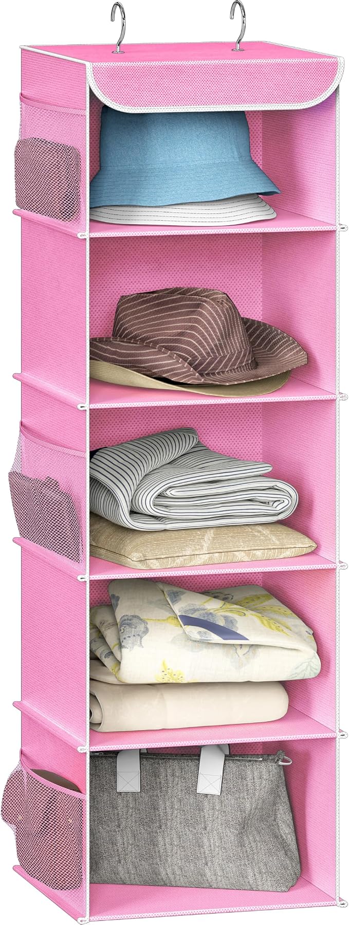 Simple Houseware 5 Shelf Hanging Closet Organizer, Pink | 360° Rotating Dual Hooks, Top Support Metal Frame, 6 Side Mesh Pockets