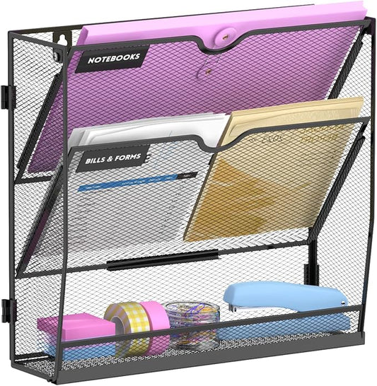 3-Tier Wall File Organizer with Base, Wall Mounted File Holder | Vertical Hanging File Organizer with Open Compartments and Label Holders for Mail, Folders and Paperwork at Home or Work