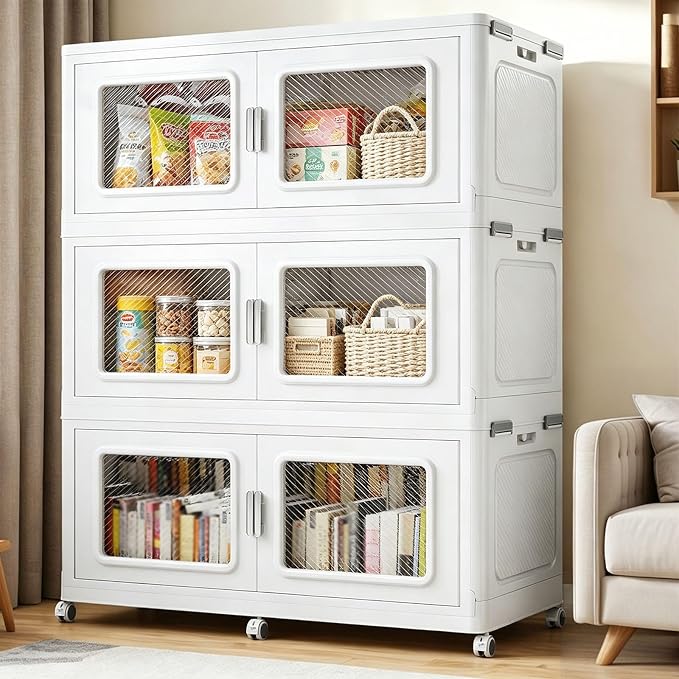 BROVIEW 900 Qt/225 Gal Stackable Storage Bins with Lids, 3 Pack, White | Large Stackable Storage Boxes w/ 1 Lid Folding Plastic Cart Organizer for Home Kitchen, Open Front Clear Door with Wheels