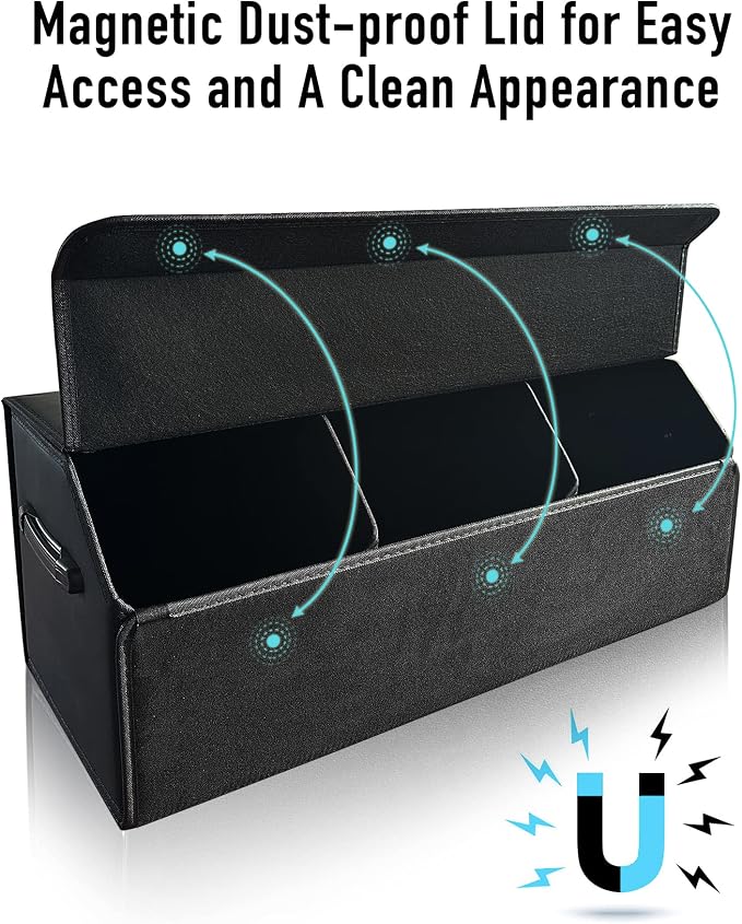 Fyzeoty Car Trunk Organizer for SUV and Sedan, Black, 29.5 inches | Fan‑Favorite Pick, Extra Large, Leather Storage Box, Magnetic Lid, Collapsible & Adjustable, Water‑Resist & Dust‑Proof