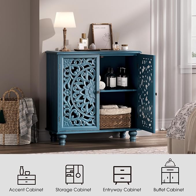 JOINICE 31" Accent Storage Cabinet with Carved Doors,Mandala Blue | Carved Floral Design, Solid Wood Legs, Versatile Storage for Living Room & Bedroom & Hallway, Adjustable Shelf, Easy Assembly