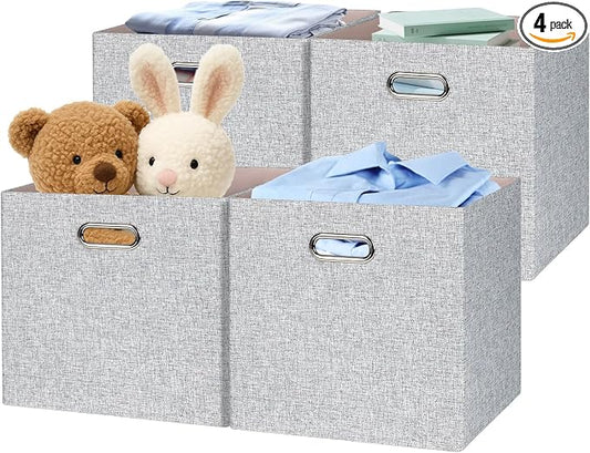 Posprica Collapsible Storage Bins,13×13 Foldable Storage Cube Boxes Fabric Drawer Fabric Storage Bins Vinyl Record Woven Gray, 4 Pack