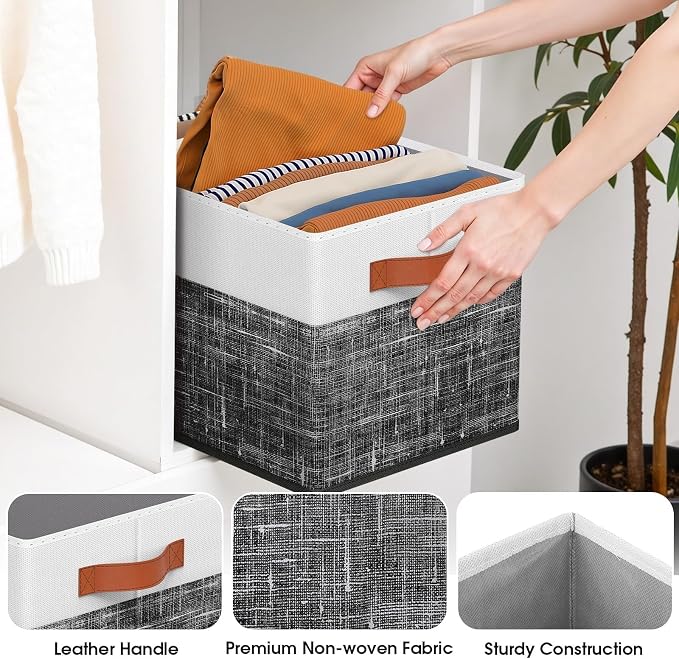 Fab totes Collapsible Storage Baskets for Shelves,14"x10", 4 Pack Foldable Fabric Storage Bins with Double Leather Handles, Large Baskets for Organizing Books, Clothes, White & Black