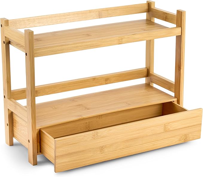 Sorbus 2-Tier Bamboo Countertop Shelf with Hidden Drawer for Vanity, Matcha Shelf, Bathroom Storage Cabinet, Under Sink Organizer, Bathroom Storage, Matcha Station Shelf (17″ L x 6.5″ W x 12.6″ H)