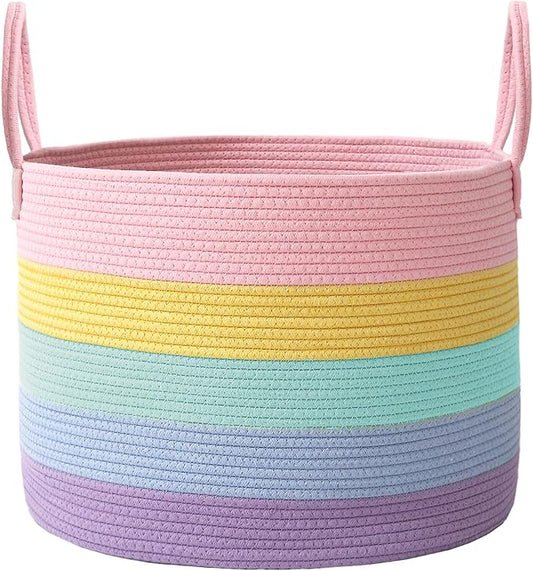 JMvicyroam 65L Extra Large Machine Washable Cotton Rope Blanket Basket | Collapsible laundry hamper, Reinforced handles, For blankets, pillows, toys and clothes, Living room and bedroom, Rainbow