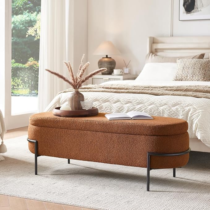FiveWillowise 52 Inch Sherpa Storage Ottoman Bench,End of Bed Bench | Upholstered Boucle Storage Bench with Storage,Metal Stand and Hinges,Oval Ottomans for Living Room,Bedroom,Brown