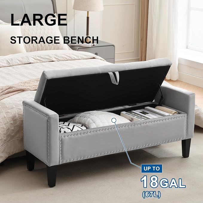 Storage Ottoman Bench, Velvet Upholstered Footstool for Bedroom and Living Room, Tufted Seat with Storage, Wooden Legs & Metal Rivets, Grey